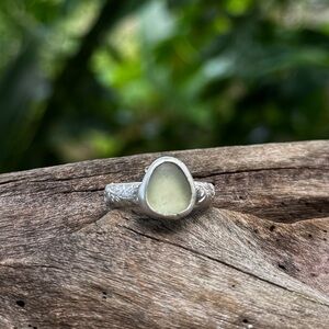 Sea foam sea glass beaded floral sterling & fine silver thick band